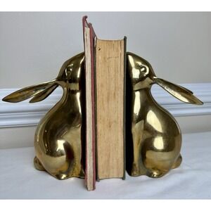 Vintage Brass Bunny Rabbit Bookends Pair MCM Cottagecore Farmhouse Gold Hares